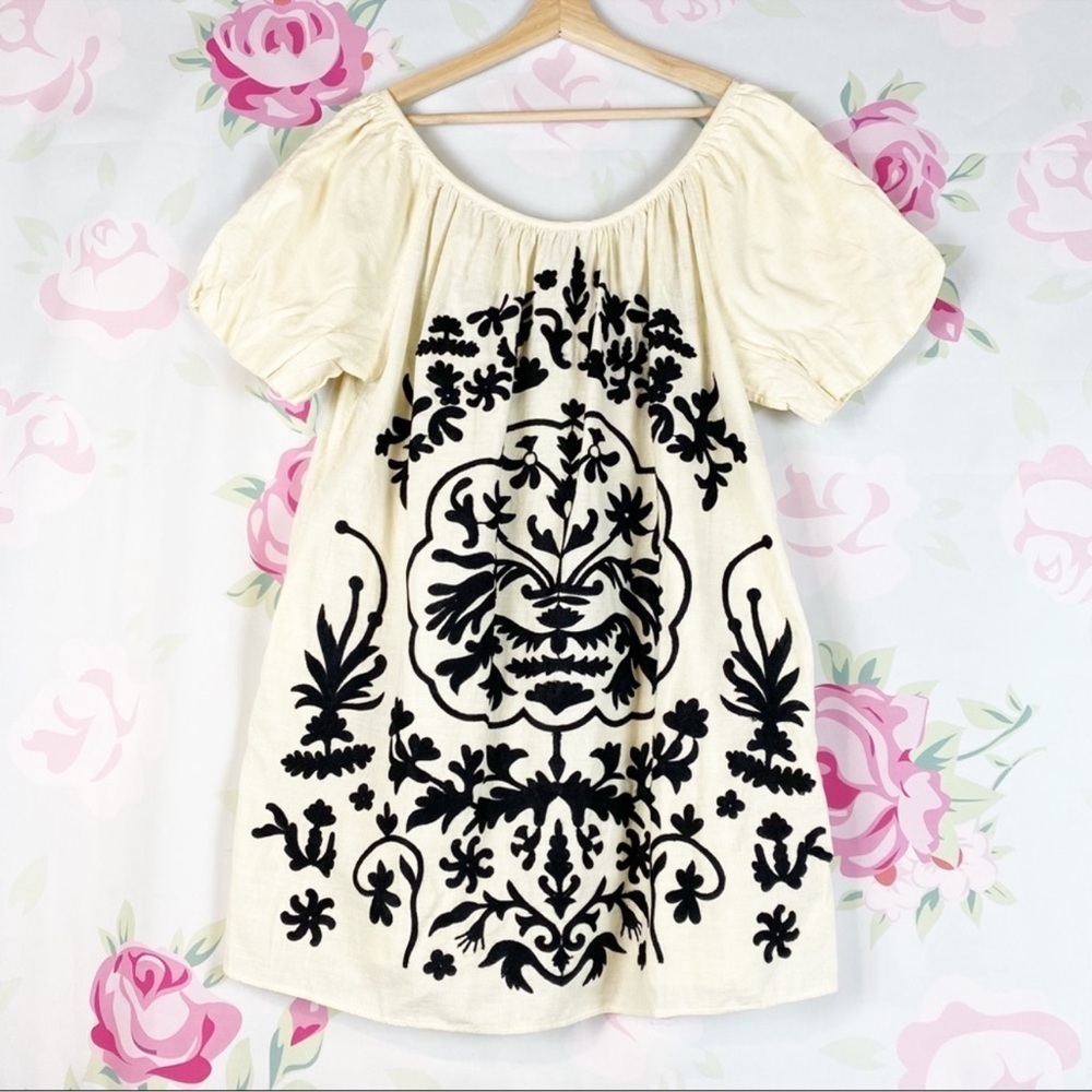 NEW Free People Fiona Boho Floral Embroidered Ivory Cotton Mini Dress M